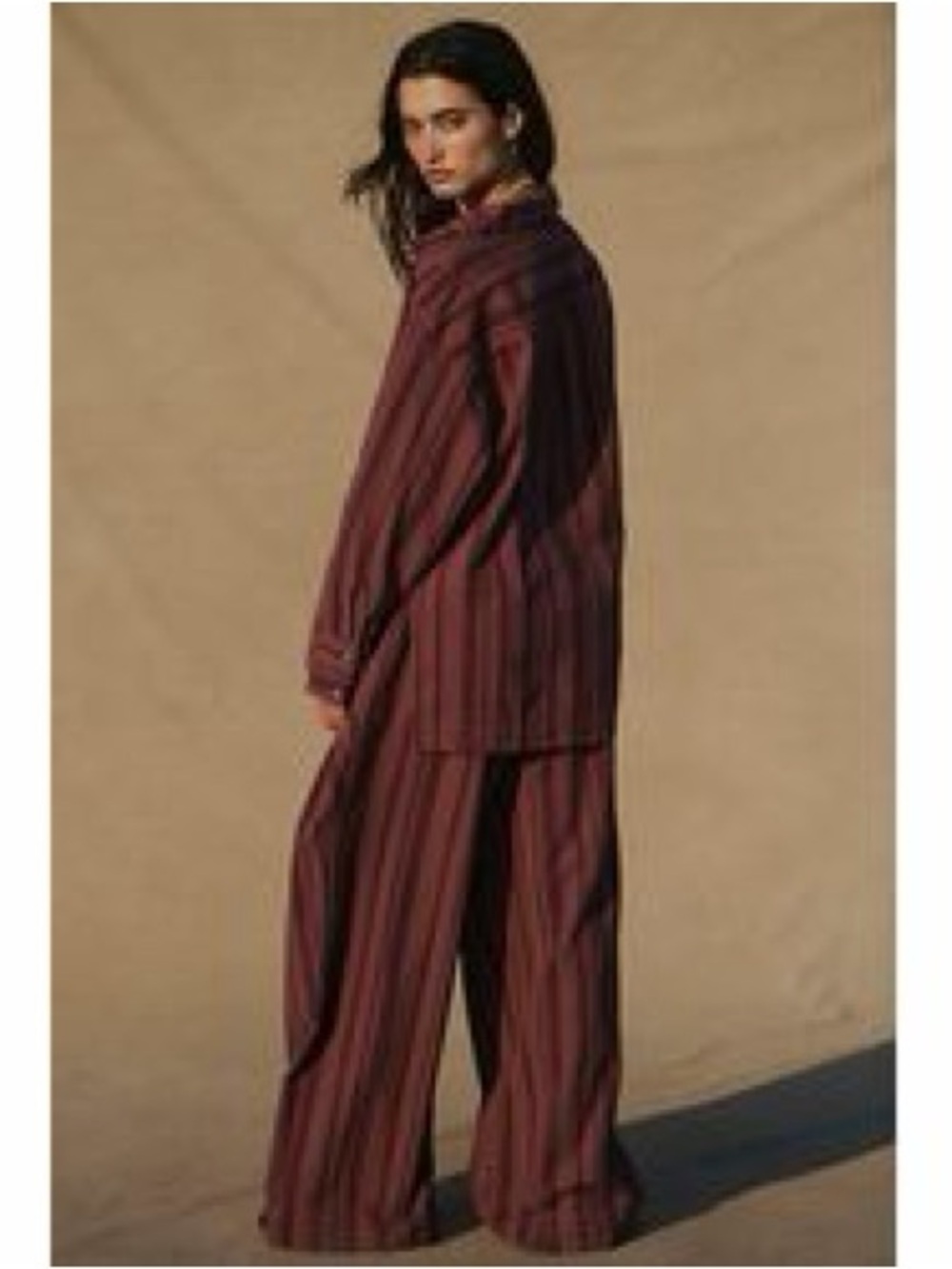 Striped Wide-Leg Pants and Shirt Set - Burgundy - Picture 3 of 10